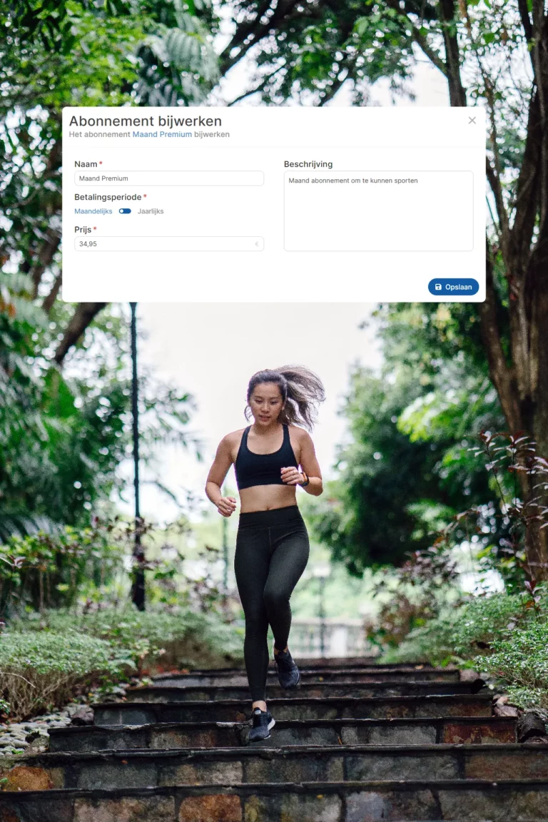 Vrouw die hardloopt van een trap, met boven haar een illustratie van het eenvoudig aanpassen van abonnementen in het Workouts Wizard Dashboard voor flexibel lidmaatschapsbeheer.
