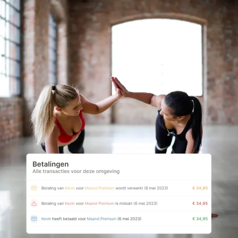 2 vrouwen in plank houding die elkaar een high five geven, met net onder de highfive een overzicht van de betalingen die plaatsgevonden hebben in het Workouts Wizard dashboard